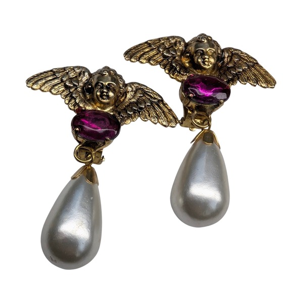 Vintage 80s Earrings Oversize Cherub Angel Clip Statement Faux Pearl Teardrop - Picture 2 of 8